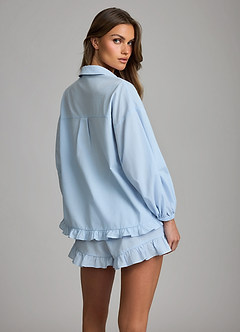 front Pyjamaset van lyocell-katoen met ruches en knoopsluiting, los model.