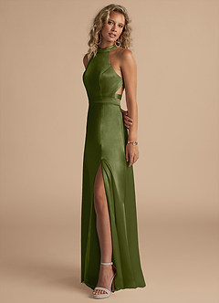 Azazie Clarice Bridesmaid Dresses Olive A-Line High Neck Metallic Satin Dress image3