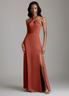 Azazie Tracie Bridesmaid Dresses Terracotta A-Line Side Slit Stretch Satin Dress image1