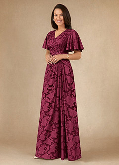 Azazie Emmeline Mother of the Bride Dresses Burgundy A-Line Pleated Floral Burnout Dress image3