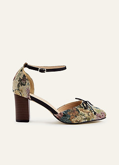 front Floral Tapestry Ankle Strap Block Heels