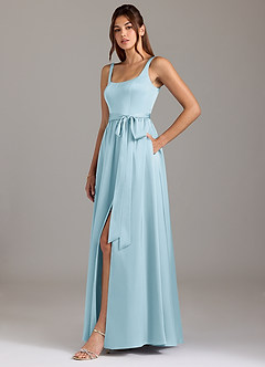 Azazie Elliott Bridesmaid Dresses Sky Blue A-Line with Pockets Stretch Satin Dress image4