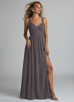 Azazie Aziza Bridesmaid Dresses Steel Grey A-Line V-Neck Pleated Chiffon Dress image1