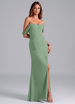 Azazie Asha Vestidos de damas de honor Vestido de Matcha de Gasa de Corte Recto Convertible con Vestidos sin tirantes image3
