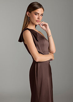 Azazie Rinna At-home Try On Dresses Agave Mermaid Ruched Stretch Satin Dress image6