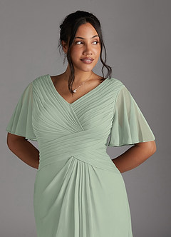 Azazie Emmeline vestidos de madre de la novia Vestido de Salvia Polvorienta de Malla de Corte En A con Cuello en V Plisado image4