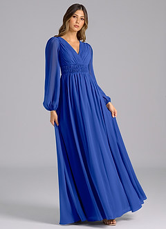 Azazie Palerma Brautjungfernkleider A-Linie Langarm Chiffon Kleid Königsblau image4