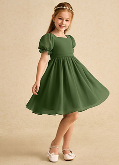 Azazie Jolie vestidos de niña de las flores Vestido de Oliva de Gasa de Corte En A con Con mangas image1