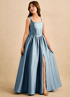 Azazie Enid Girls Formal Blomsterpigekjoler A-Line Perlebesat Stræk satin Gulv-længde Kjole image3