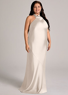 Azazie Velli Vestidos de damas de honor Vestido Alabastro Blanco de Satén Elástico de Corte Sirena con Cuello alto image10