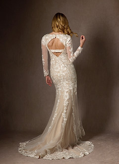Azazie Dulce Amor Vestidos de novia Vestido de Blanco Diamante Nude de Tul de Corte Sirena con Encaje Cuello V image1