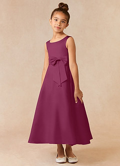 Azazie Lindy Flower Girl Dresses Mulberry A-Line Pleated Matte Satin Dress image3