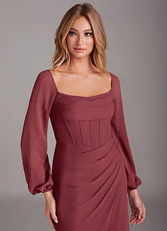 Azazie Charissa Abiti da Damigella Abito Tubino in Chiffon Manica Lunga Merlot image7