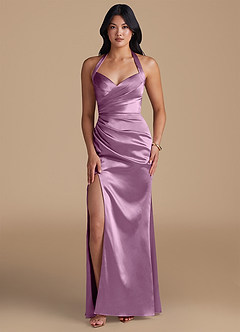 Azazie Emeria Bridesmaid Dresses Wisteria Sheath Side Slit Metallic Satin Dress image1