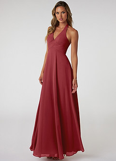 Azazie Tessie Bridesmaid Dresses Pomegranate A-Line V-Neck Pleated Chiffon Dress image3