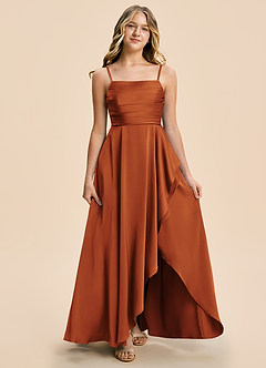 Azazie Naveah Junior Cinnamon A-Line Ruched Stretch Satin Dress image4