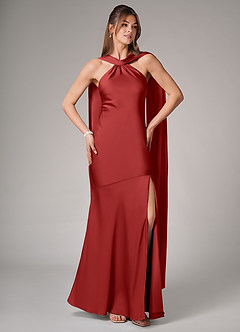 Azazie Kinsley Bridesmaid Dresses Pomegranate Mermaid Side Slit Stretch Satin Dress image5