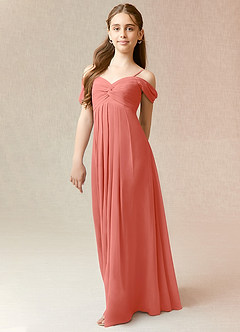 Azazie Kaitlynn Junior Salmon Pink A-Line Off the Shoulder Chiffon Dress image4