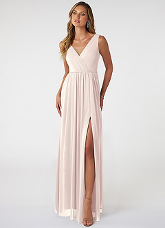 Azazie Tanicia Bridesmaid Dresses Rose Petal A-Line V-Neck Pleated Mesh Dress image1