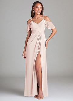 Azazie Dakota Bridesmaid Dresses Rose Petal A-Line Off the Shoulder Mesh Dress image1