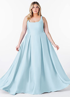 Azazie Neve Vestidos de damas de honor Vestido de Azul Cielo de Satén Elástico de Corte Princesa con Con bolsillos image10