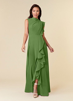 Azazie Narine vestidos de madre de la novia Vestido de Albahaca de Gasa de Corte en A con Cuello alto plisado image3