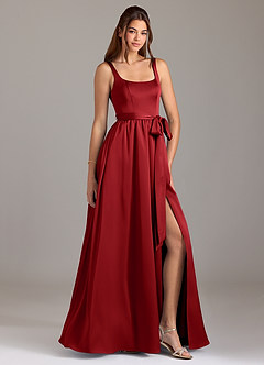 Azazie Elliott Bridesmaid Dresses Pomegranate A-Line with Pockets Stretch Satin Dress image1
