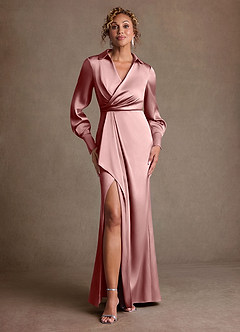 Azazie Jacinta Final Sale Dusty Rose Sheath Pleated Stretch Satin Dress image1