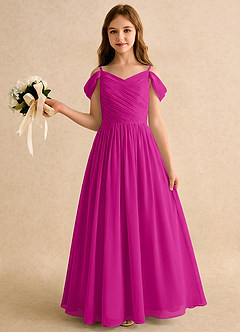 Azazie Chelo Girls Formal Abiti da Ragazza di Fiori Abito A-Line in Chiffon Plissettato Fucsia image3