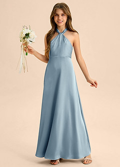 Azazie Beah Junior Dusty Blue A-Line Pleated Stretch Satin Dress image3