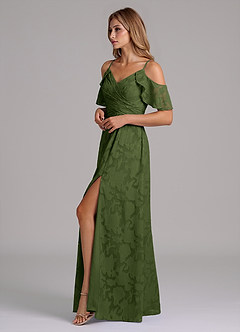 Azazie Dakota 신부 들러리 드레스 A라인 오프 더 숄더 플로럴 번아웃 바닥 길이 드레스 image6