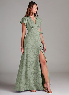 Azazie Ling Bridesmaid Dresses Agave A-Line Pleated Floral Burnout Dress image4