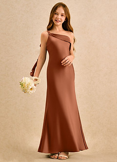 Azazie Almond Girls Formal Blumenmädchenkleider Etui One-Shoulder Stretch-Satin Kleid Kupfer image2