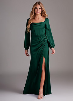 Azazie Charissa Bridesmaid Dresses Emerald Sheath Long Sleeve Stretch Satin Dress image1