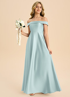 Azazie Sissy Junior Abito A-Line in Raso Elasticizzato a Spalla Scoperta Nebbia image3