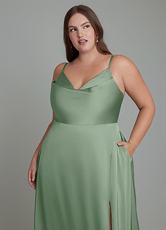 Azazie Sarella Vestidos de damas de honor Vestido Matcha de Satén Elástico de Línea A con Plisado image8