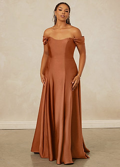 Christian Siriano Bridal for Azazie 1002 Robes de demoiselle d'honneur Robe Trapèze Convertible en Satin extensible Épaule décolletée Cuivre image8