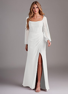 Azazie Charissa Bridesmaid Dresses White Sheath Long Sleeve Chiffon Dress image3