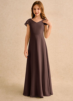 Azazie Nari Girls Formal Flower Girl Dresses Ganache A-Line with Sleeves Chiffon Dress image5