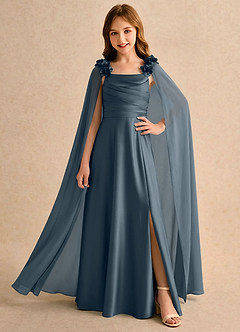 Azazie Rosita Girls Formal Robe Demoiselle D'honneur Fillette Robe Trapèze en Satin extensible Plissée Violet Crépusculaire image1