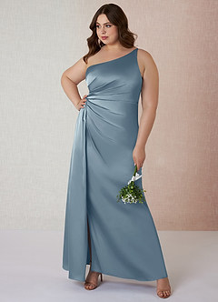 Azazie Mika Robes de demoiselle d'honneur Robe Fourreau en Satin extensible Ue épaule Bleu Poussiéreux image8