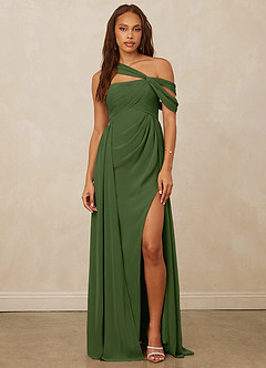 Christian Siriano Bridal for Azazie 1014 Robes de demoiselle d'honneur Robe Trapèze en Mousseline de soie Épaule décolletée Olive image13
