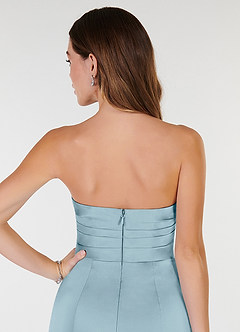 Azazie Yola Vestidos de madrinha de casamento Vestido Azul Temperamental de Cetim elástico de Bainha com Decote em V Plissado image7