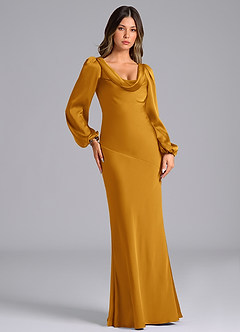 Azazie Rylina Bridesmaid Dresses Butterscotch Mermaid Long Sleeve Stretch Satin Dress image4