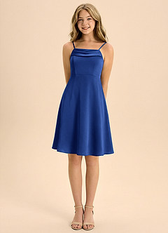 Azazie Anselie Junior Vestido de Azul Real de Satén Elástico de Corte en A con Plisado image5