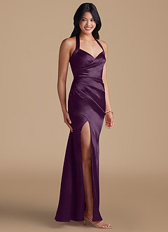 Azazie Emeria Robes de demoiselle d'honneur Robe Fourreau en Satiné métallisé Fente Latérale Prune image6