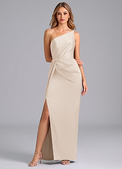 Azazie Naria Bridesmaid Dresses White Alabaster Sheath One Shoulder Stretch Satin Dress image3