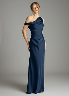 Azazie Emerson Brudtärnklänningar Klä av Sjöjungfru i Stretch Satin Av axeln Mörk Marinblå image5