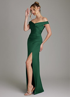 Azazie Teyana Bridesmaid Dresses Dark Green Sheath Off the Shoulder Stretch Satin Dress image5