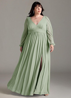 Azazie Norah Brautjungfernkleider A-Linie Lange Ärmel mit V-Ausschnitt Chiffon Kleid Staubiger Salbeigrün image6
